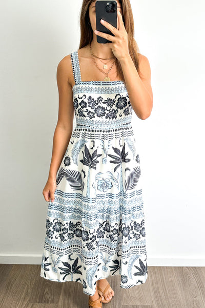 Elsa Dress - Blue Palm Print