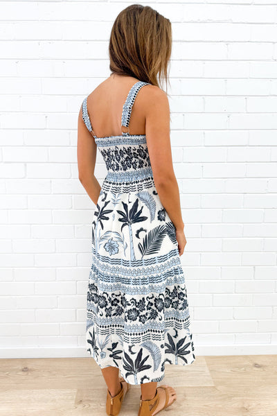 Elsa Dress - Blue Palm Print