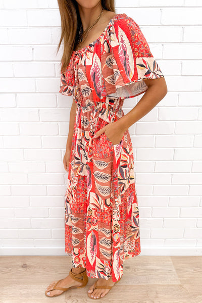 Libby Dress - Red Multi Leaf