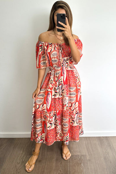 Libby Dress - Red Multi Leaf