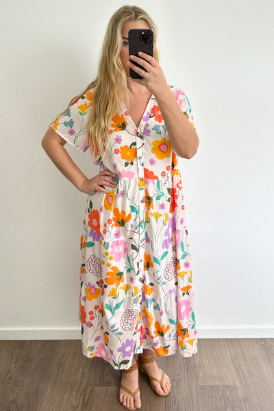 Silvie Dress - Cream Purple Flower