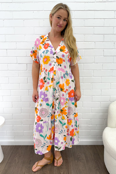 Silvie Dress - Cream Purple Flower