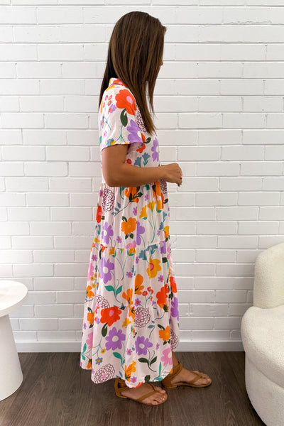 Silvie Dress - Cream Purple Flower