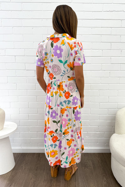 Silvie Dress - Cream Purple Flower