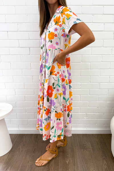 Silvie Dress - Cream Purple Flower