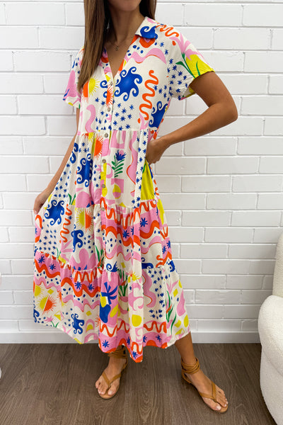 Silvie Dress - Pink Blue Print